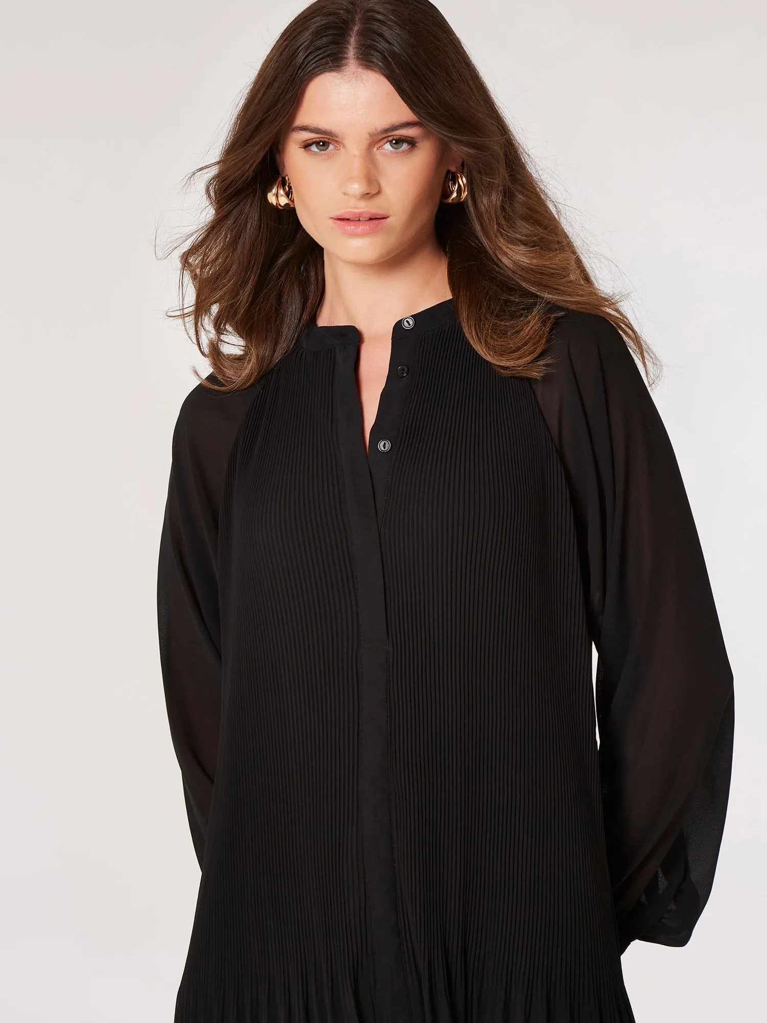 Apricot Plisse Long Sleeve Chiffon Dress
