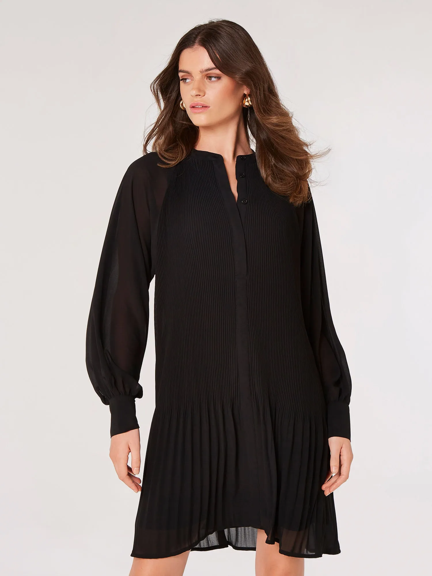 Apricot Plisse Long Sleeve Chiffon Dress