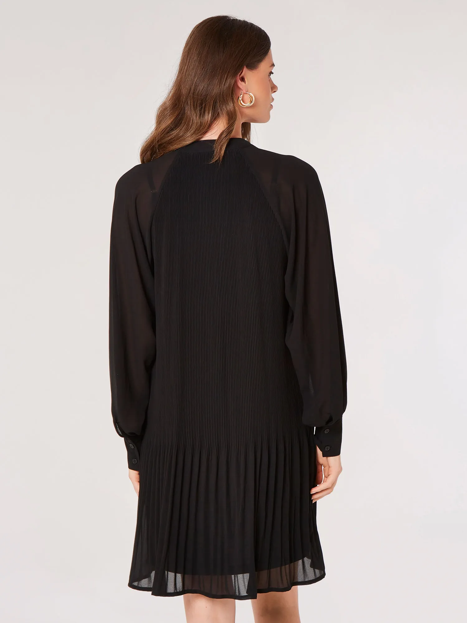 Apricot Plisse Long Sleeve Chiffon Dress