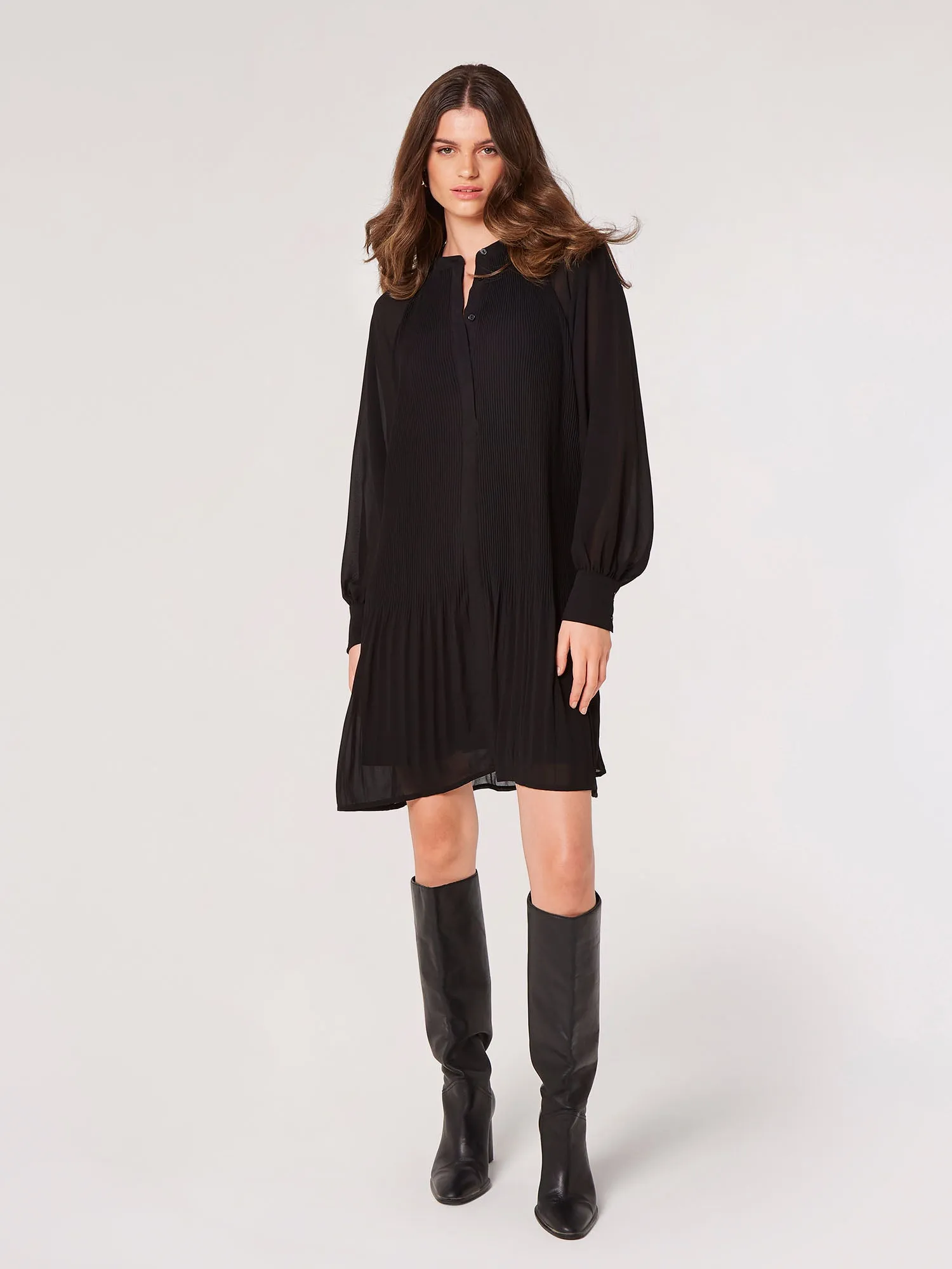 Apricot Plisse Long Sleeve Chiffon Dress