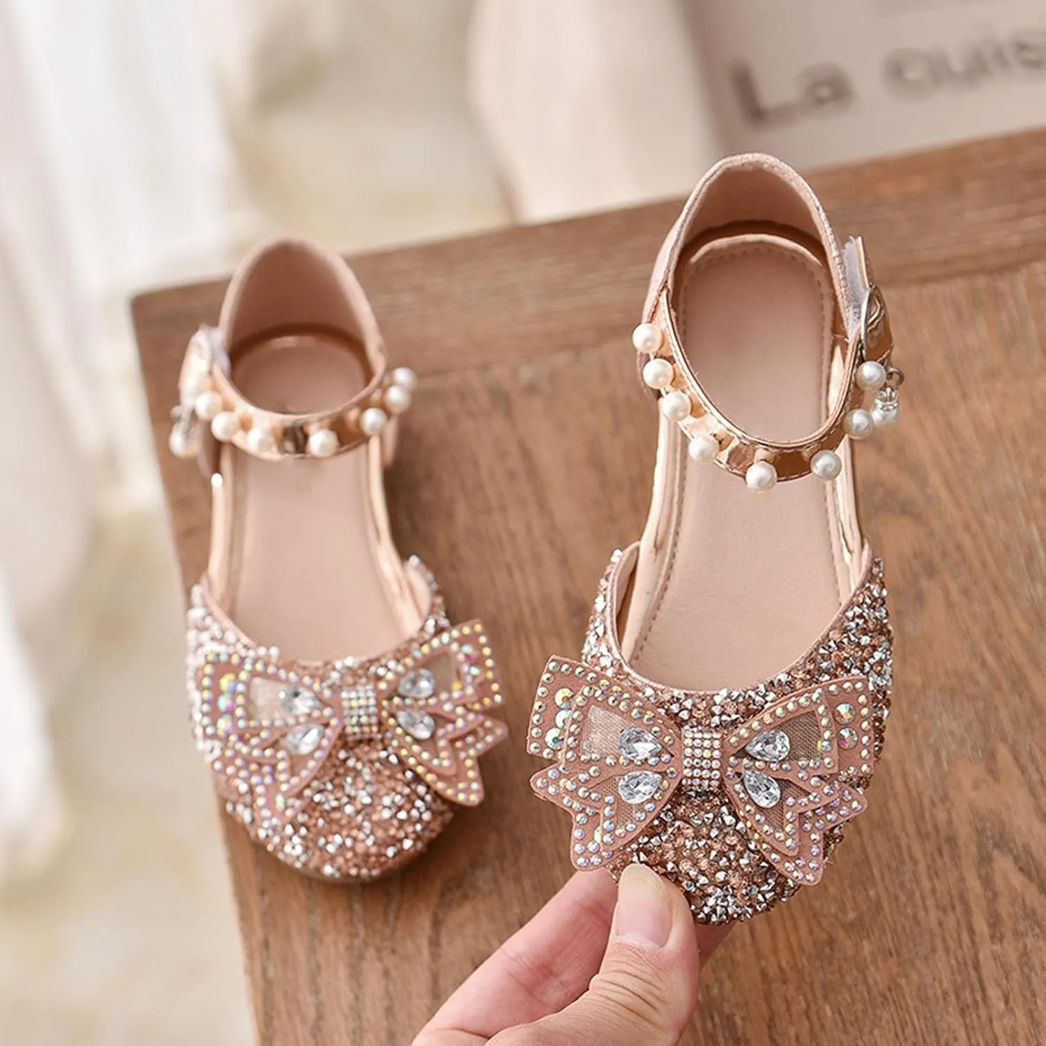 Kid Girls Mary Jane Ballerina Shoes with Pearl Ballet Sequined Shoes Wedding Dress Slip on Shoes for Toddler Girl