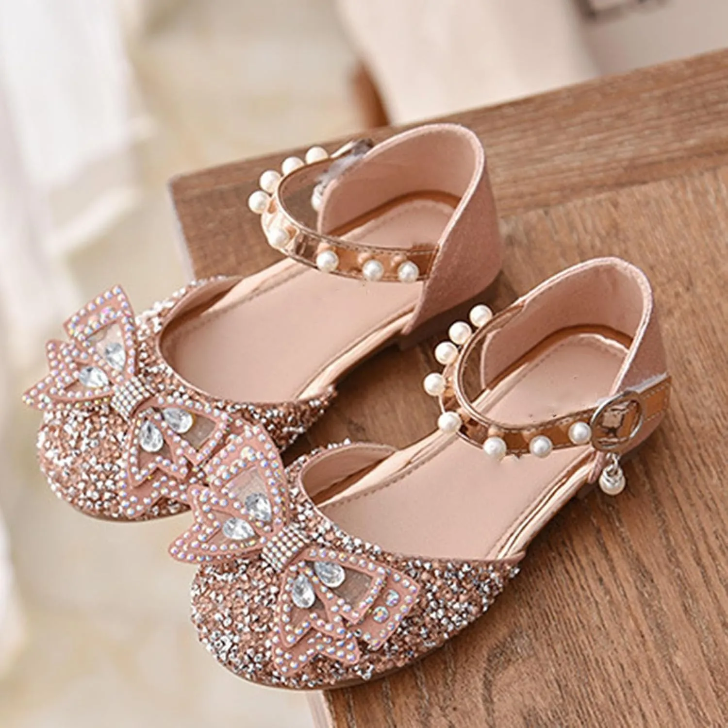 Kid Girls Mary Jane Ballerina Shoes with Pearl Ballet Sequined Shoes Wedding Dress Slip on Shoes for Toddler Girl