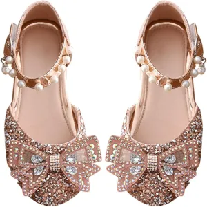 Kid Girls Mary Jane Ballerina Shoes with Pearl Ballet Sequined Shoes Wedding Dress Slip on Shoes for Toddler Girl