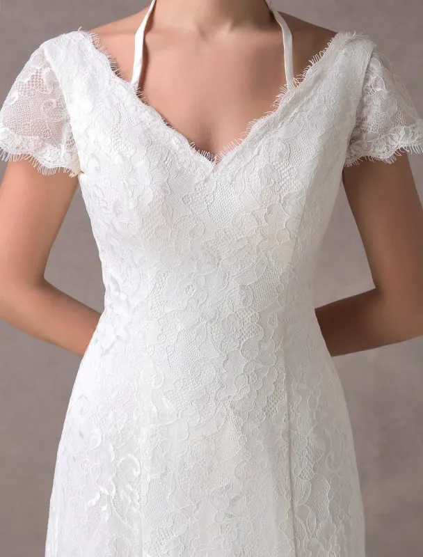 Lace Wedding Dresses Ivory V Neck Short Sleeve A Line Straps Bridal Gowns With Train Exclusive