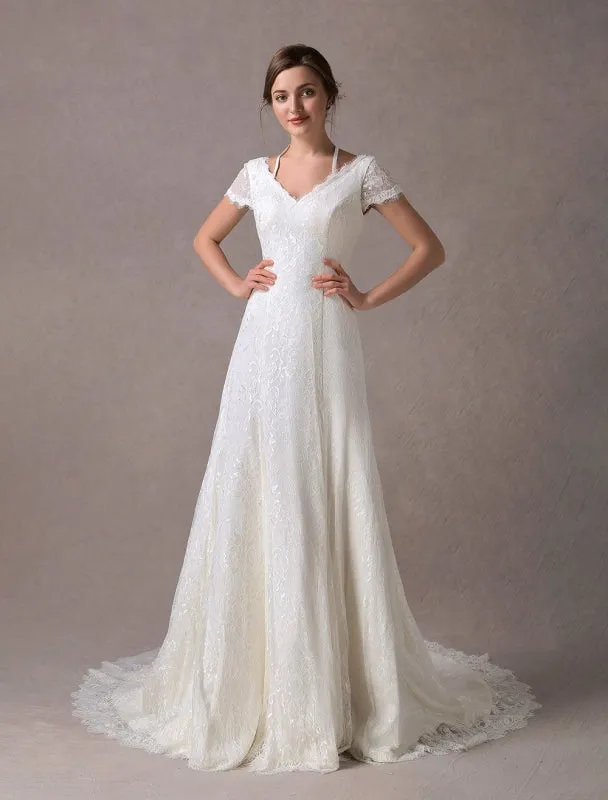 Lace Wedding Dresses Ivory V Neck Short Sleeve A Line Straps Bridal Gowns With Train Exclusive