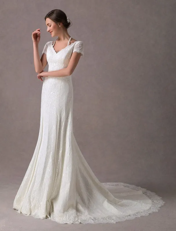 Lace Wedding Dresses Ivory V Neck Short Sleeve A Line Straps Bridal Gowns With Train Exclusive