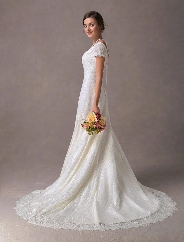 Lace Wedding Dresses Ivory V Neck Short Sleeve A Line Straps Bridal Gowns With Train Exclusive