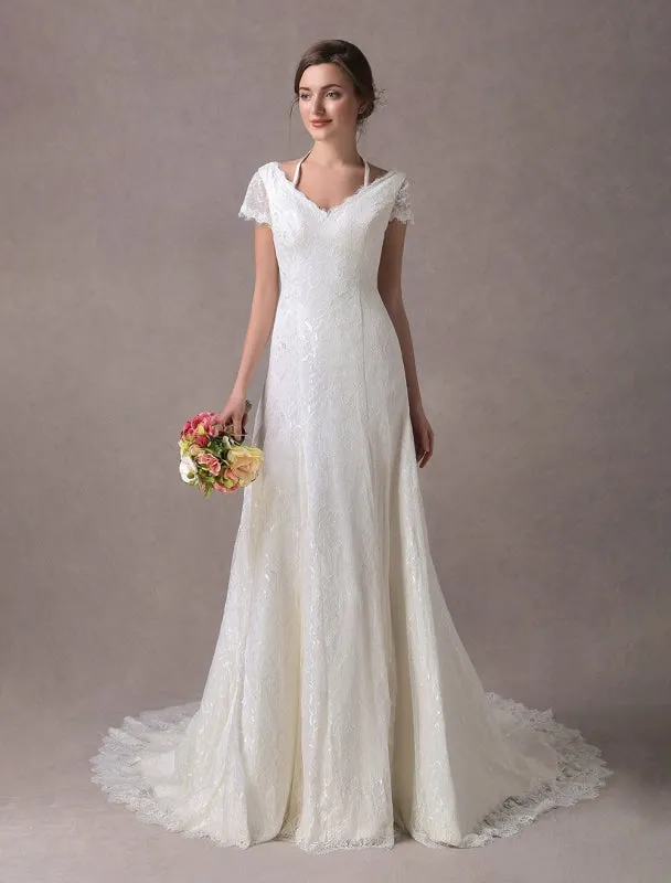 Lace Wedding Dresses Ivory V Neck Short Sleeve A Line Straps Bridal Gowns With Train Exclusive
