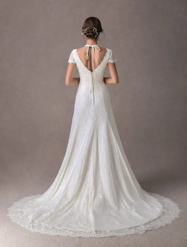 Lace Wedding Dresses Ivory V Neck Short Sleeve A Line Straps Bridal Gowns With Train Exclusive