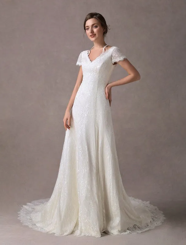 Lace Wedding Dresses Ivory V Neck Short Sleeve A Line Straps Bridal Gowns With Train Exclusive