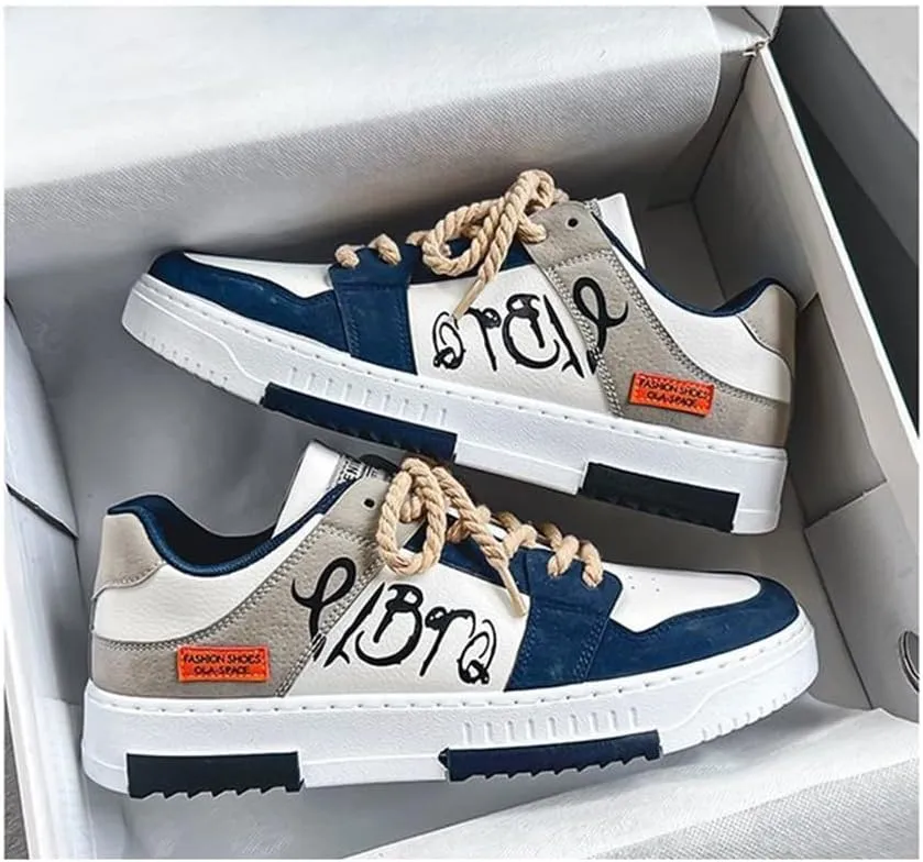 Mens Lace Up Comfortable Skate Casual Shoes Color-Blocking Trend Low Top Breathable Tennis Shoes