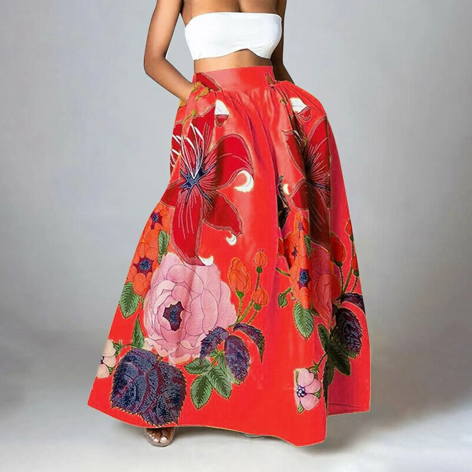 Miyaomn Women's Boho Floral Printed Maxi Skirt Summer Beach High Waisted Mopping Floor Length A Line Long Skirts with Pockets