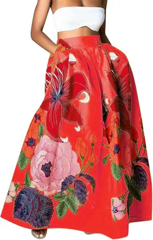 Miyaomn Women's Boho Floral Printed Maxi Skirt Summer Beach High Waisted Mopping Floor Length A Line Long Skirts with Pockets