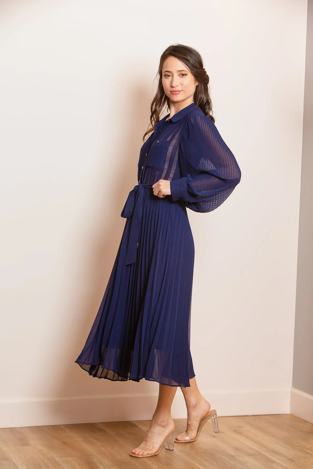 Pleated Button Down Shirt Dress