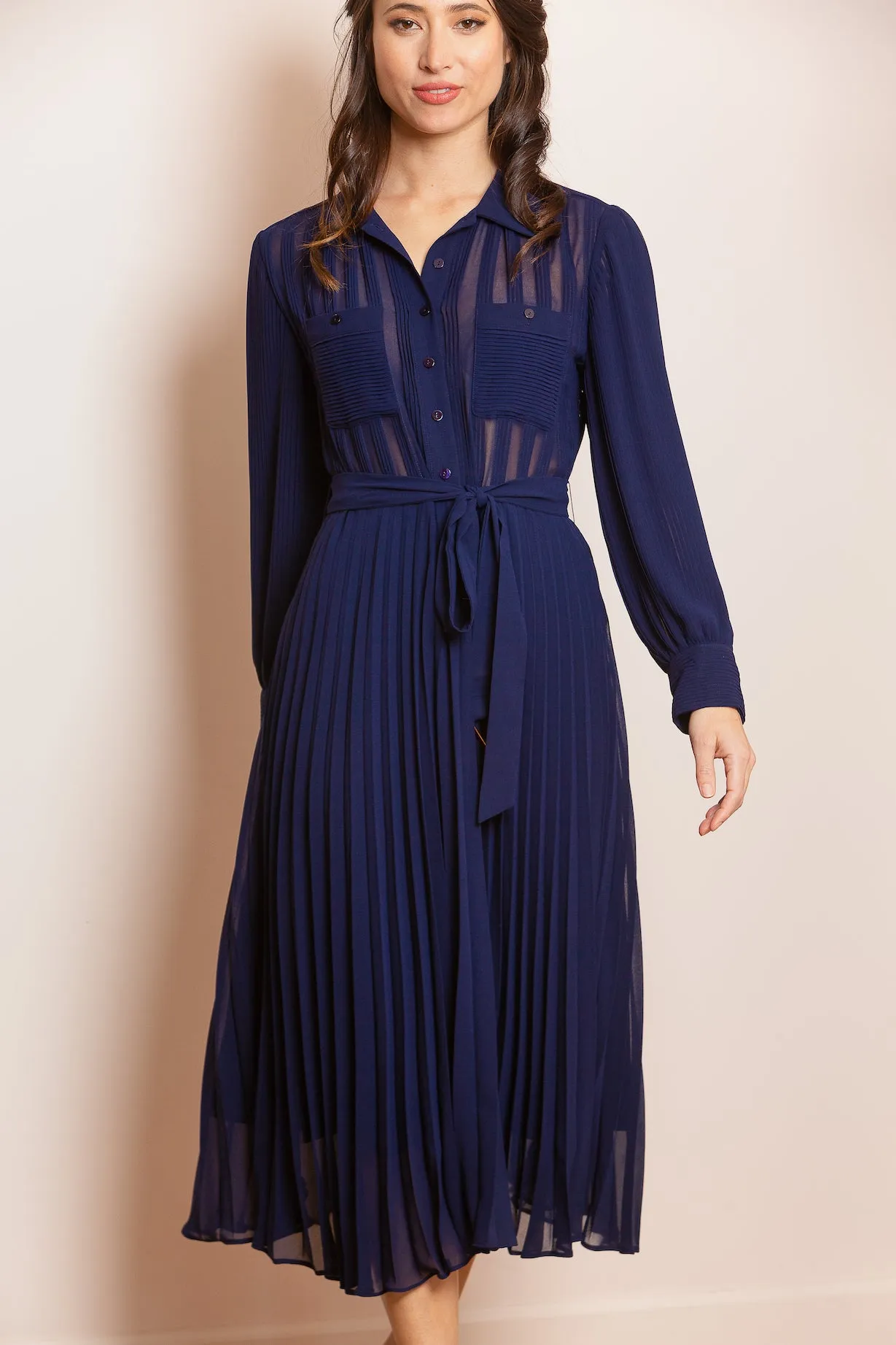Pleated Button Down Shirt Dress