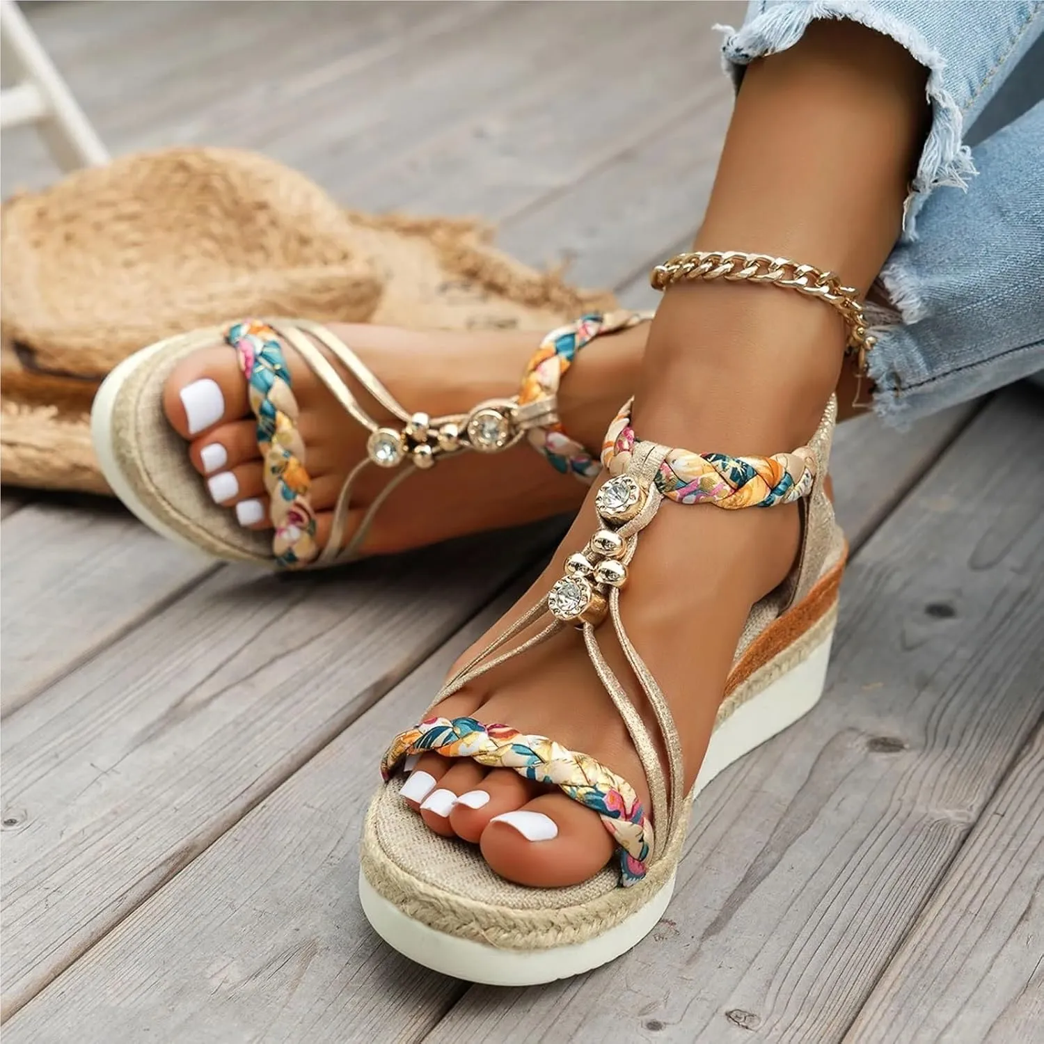 Plus Size Women's Fashion Wedge Heel Thick Sole Comfort Sandals Summer Beach Sandals Wedding Party Dresses Shoes