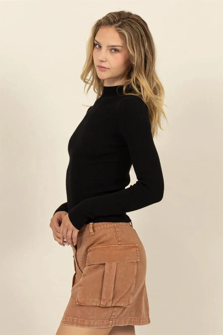 Ribbed Mock Neck Long Sleeve Sweater Top