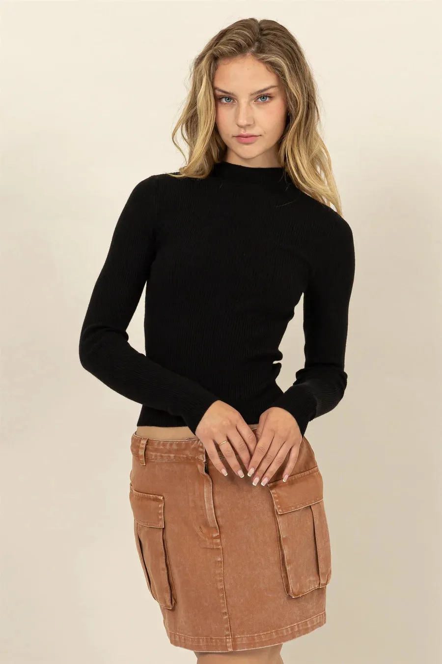 Ribbed Mock Neck Long Sleeve Sweater Top