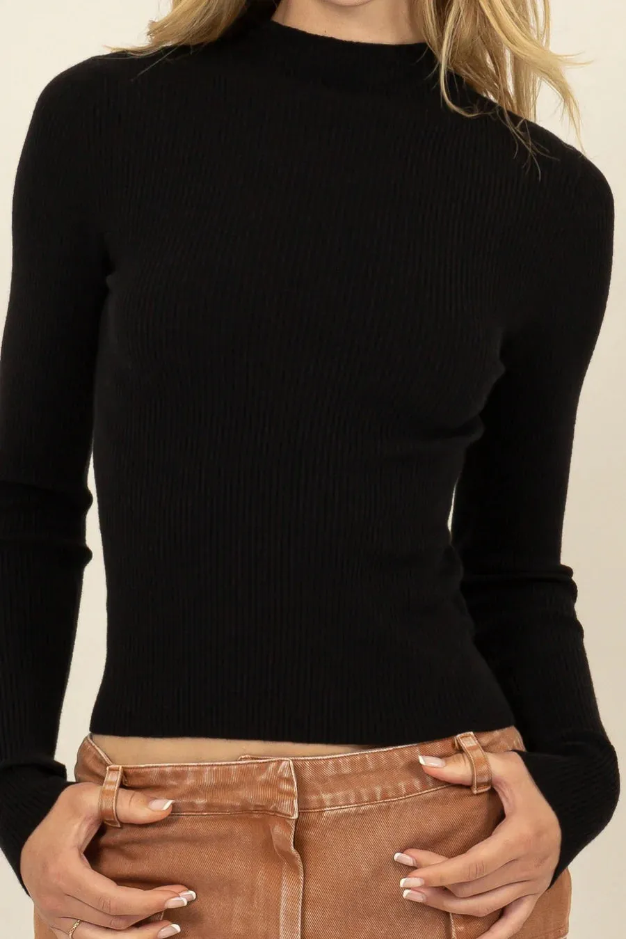 Ribbed Mock Neck Long Sleeve Sweater Top