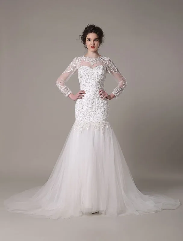 Sequined Wedding Dress Detachable Neckline Lace Applique Mermaid Court Train Bridal Dress Exclusive