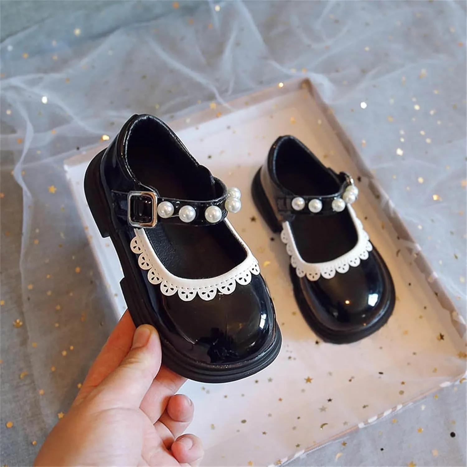 Toddler Baby Girls Mary Jane Flat with Pearls Strap Kids Formal Dress Shoes Infant Girls Slip On School Slippers