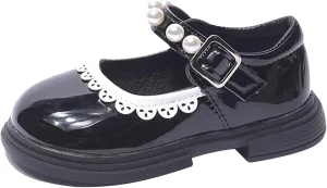 Toddler Baby Girls Mary Jane Flat with Pearls Strap Kids Formal Dress Shoes Infant Girls Slip On School Slippers