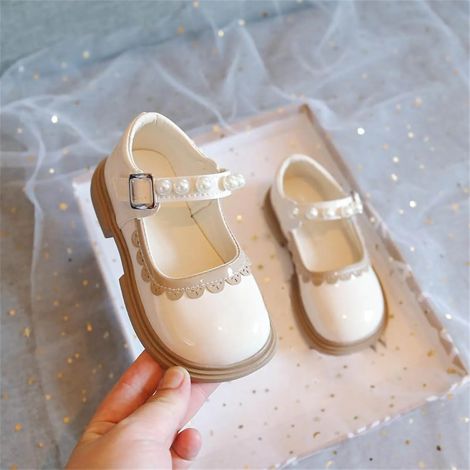 Toddler Baby Girls Mary Jane Flat with Pearls Strap Kids Formal Dress Shoes Infant Girls Slip On School Slippers
