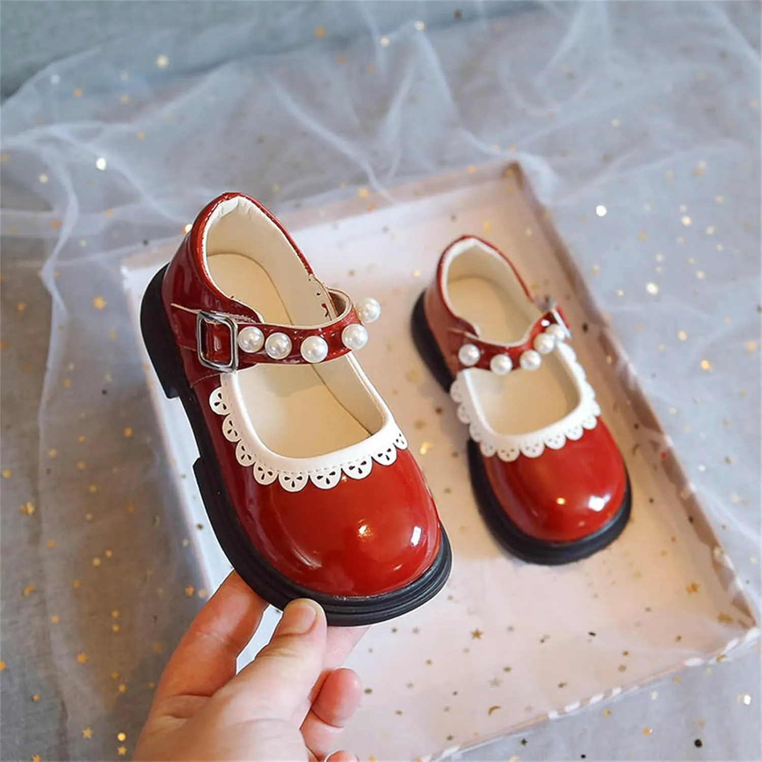 Toddler Baby Girls Mary Jane Flat with Pearls Strap Kids Formal Dress Shoes Infant Girls Slip On School Slippers