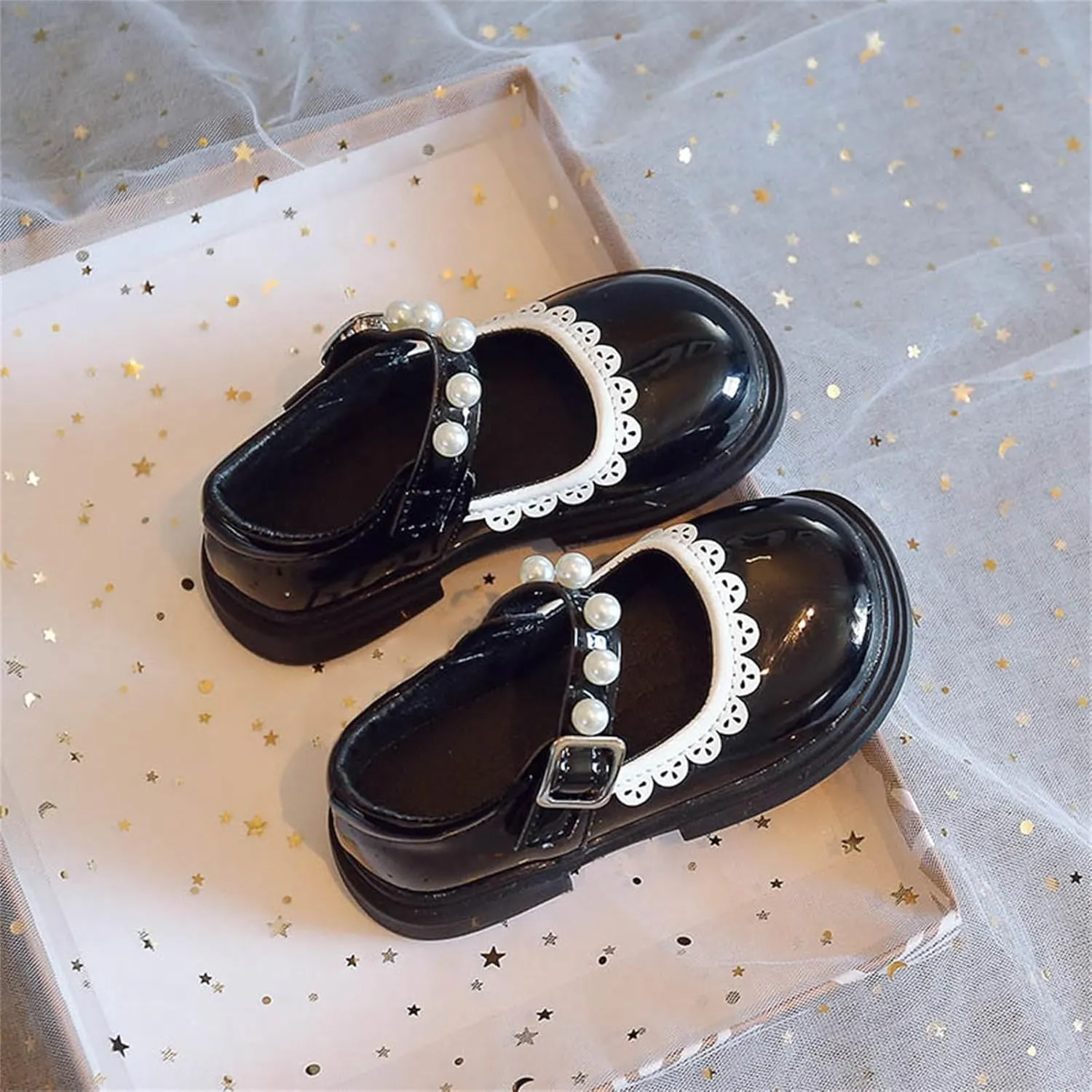 Toddler Baby Girls Mary Jane Flat with Pearls Strap Kids Formal Dress Shoes Infant Girls Slip On School Slippers