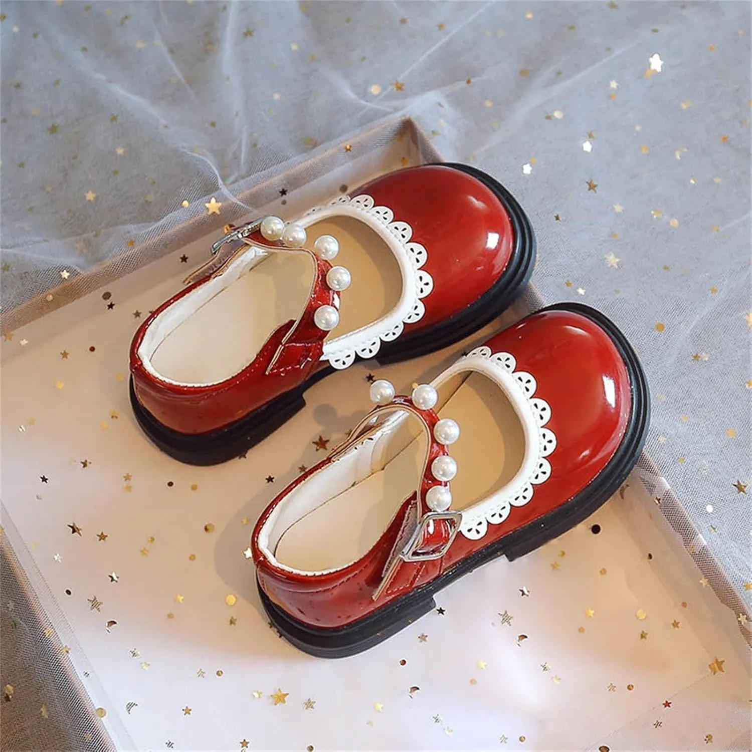 Toddler Baby Girls Mary Jane Flat with Pearls Strap Kids Formal Dress Shoes Infant Girls Slip On School Slippers