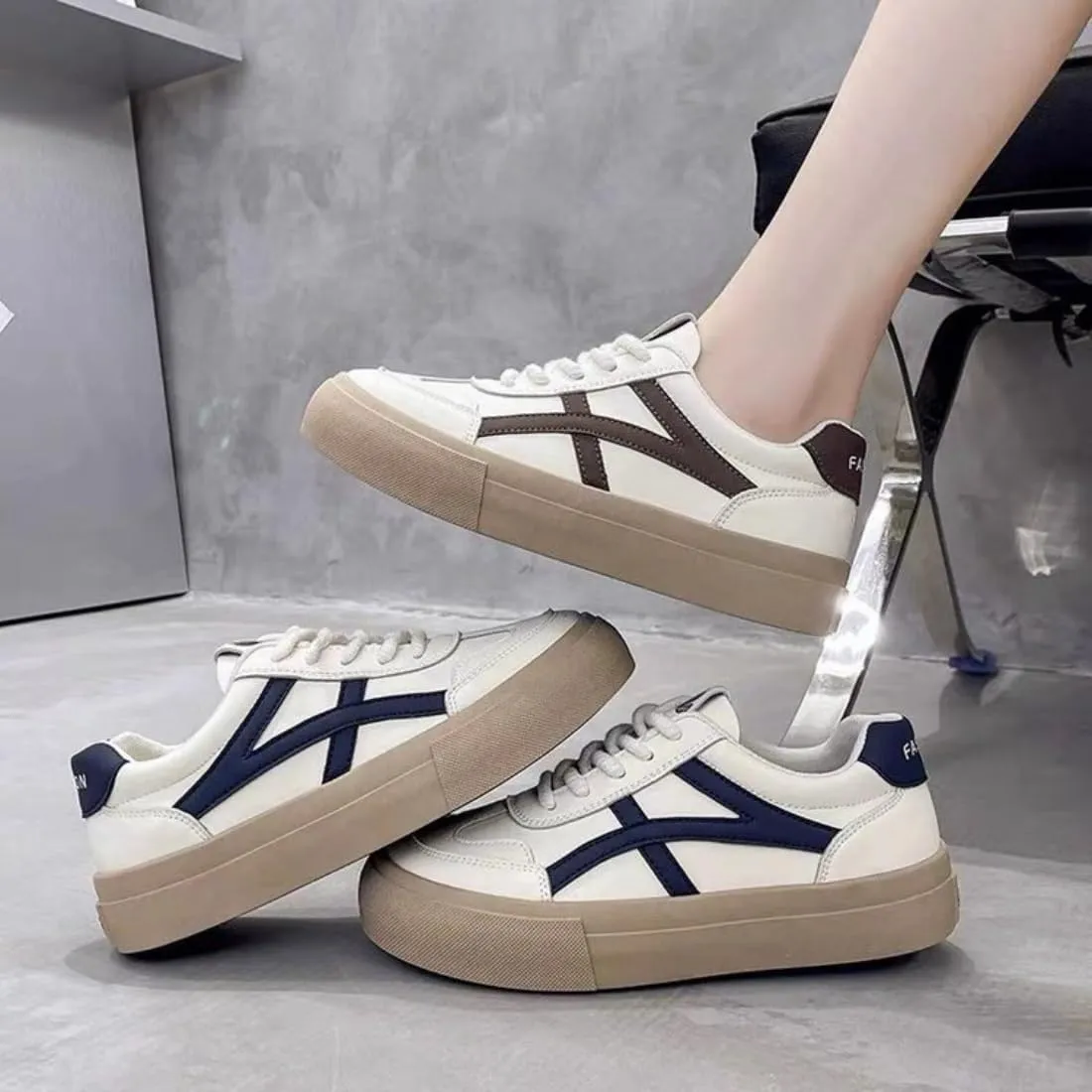 Women Round Toe Color Blocking Anti Slip Trainers Classic Retro Gum Sole Sneakers Casual Tennis Skate Shoe