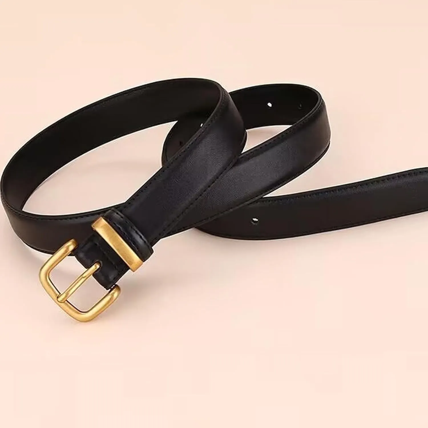 Women's Leather Belts for Jeans Pants Gold Buckle Casual Waist Dresses Belt for Ladies